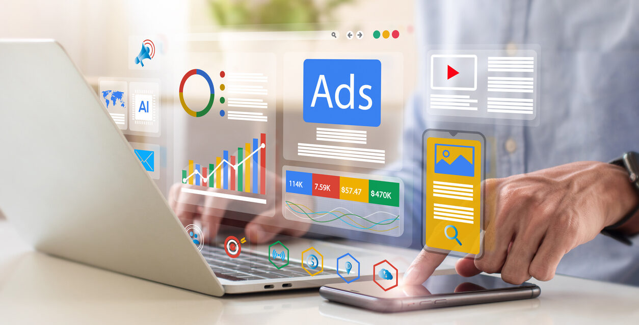 Digital marketing concept, Businessman using laptop with Ads dashboard digital marketing strategy analysis for branding. online advertisement, ad on website and social media. SEO. SMM. Digital marketing concept, Businessman using laptop with Ads dashboard digital marketing strategy analysis for branding. online advertisement, ad on website and social media. SEO. SMM.