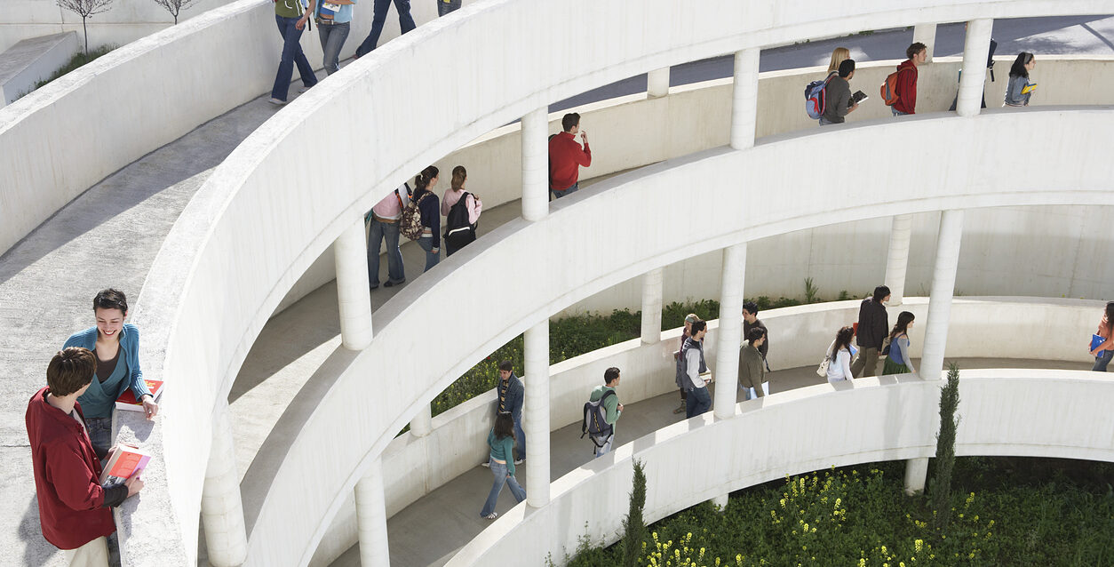 Students on walkways, outdoors, elevated view